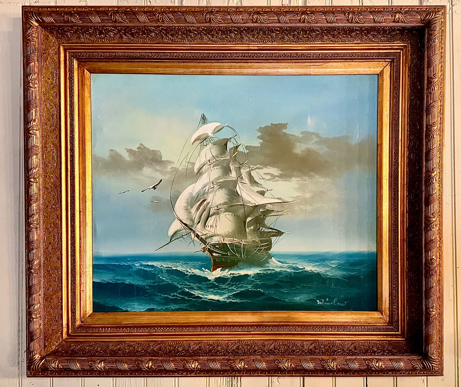 Clipper Ship at Sea Vintage Original Oil Painting, Gold Frame 32"