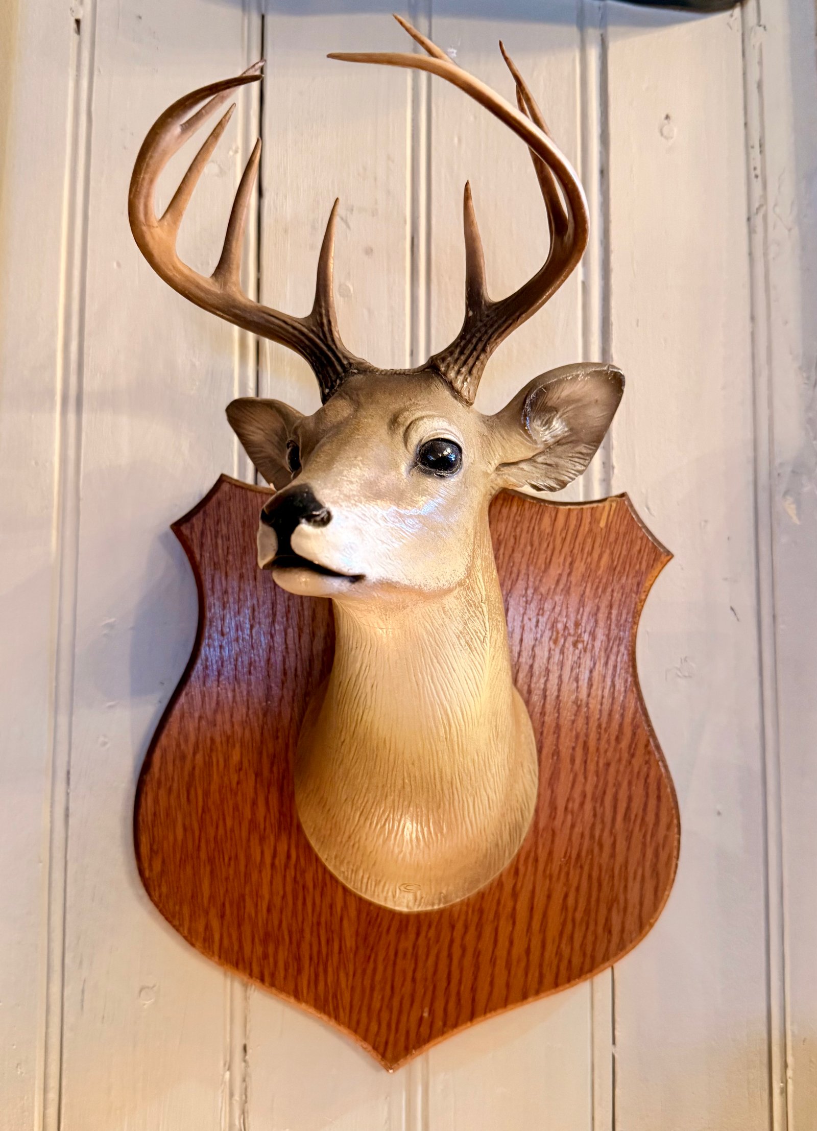Vintage 1945 Orn-A-Craft Chalkware Deer Head Faux Taxidermy Wall Mount – Mid Century Rustic Lodge Decor, 10-Point Buck Plaque