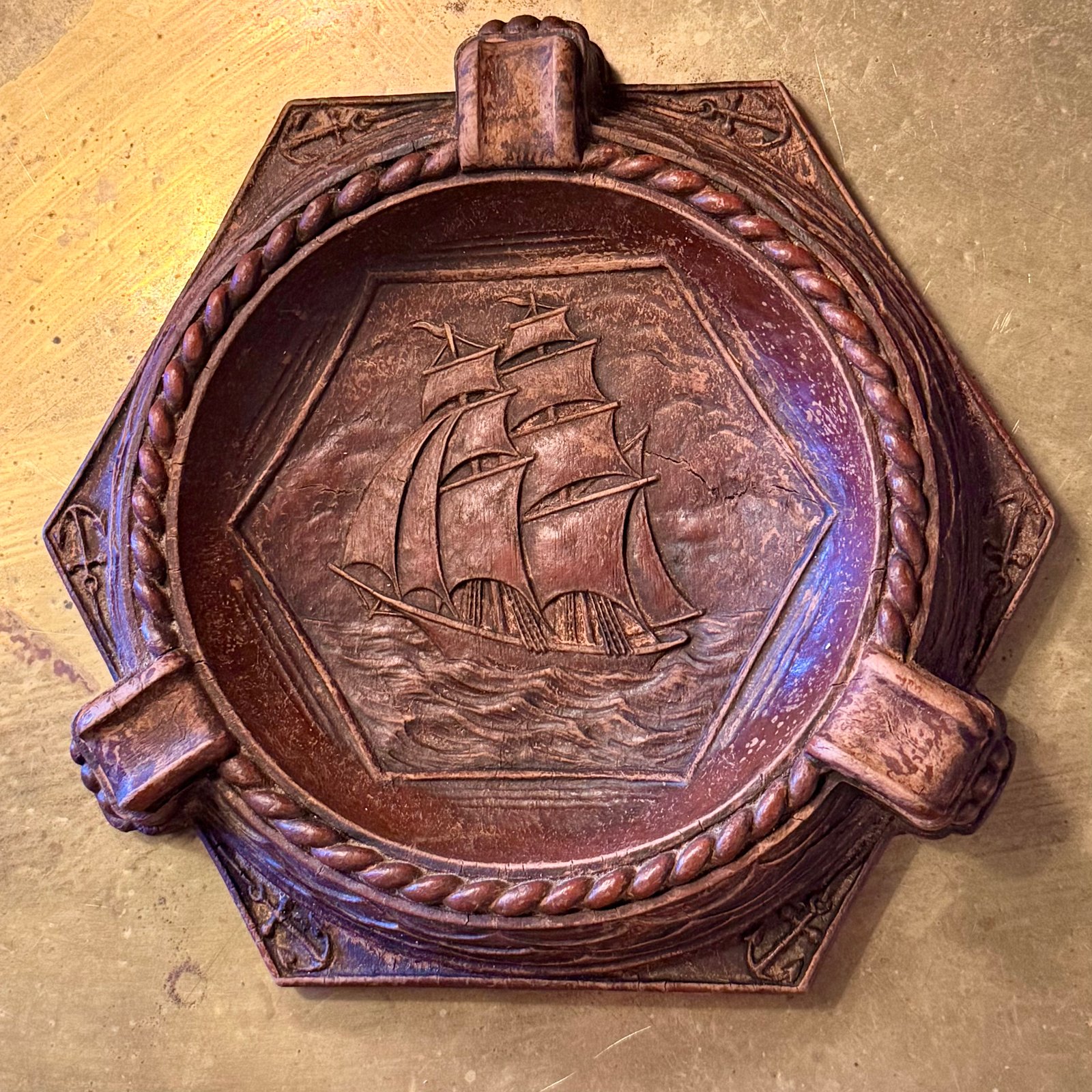 Vintage Ship Ashtray, Syroco Wood