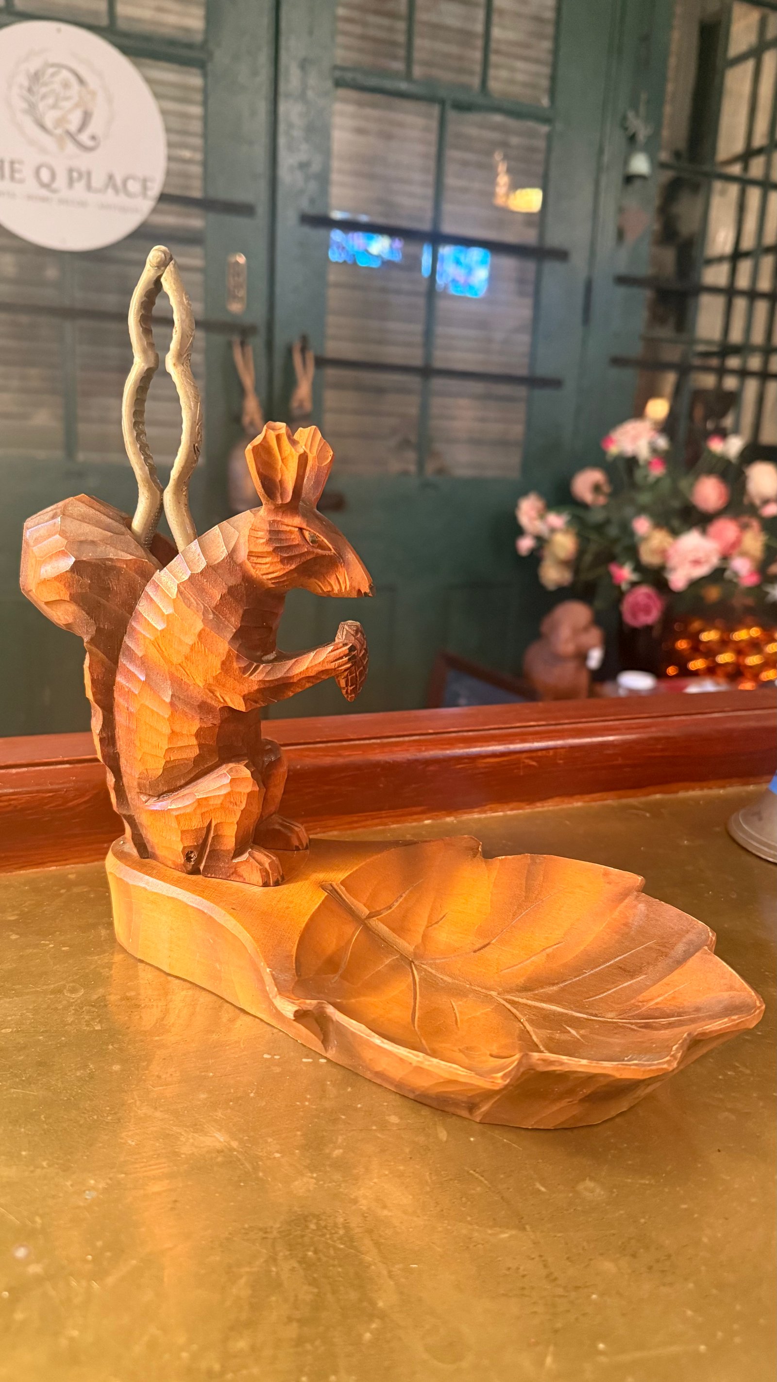 Vintage Hand Carved Wood Squirrel Nut Bowl