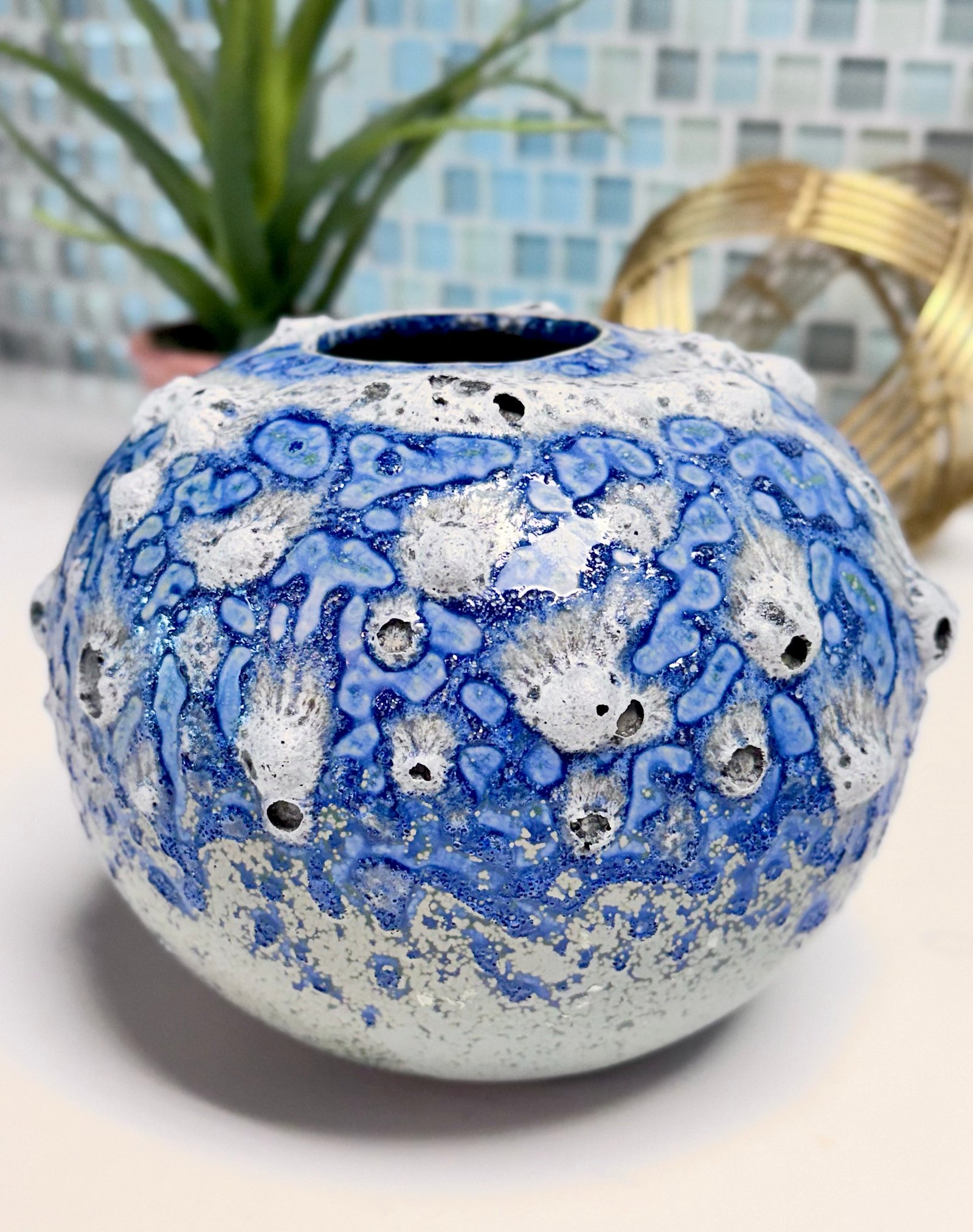 Handcrafted Thai Navy Blue Barnacle Sphere Ceramic Vase