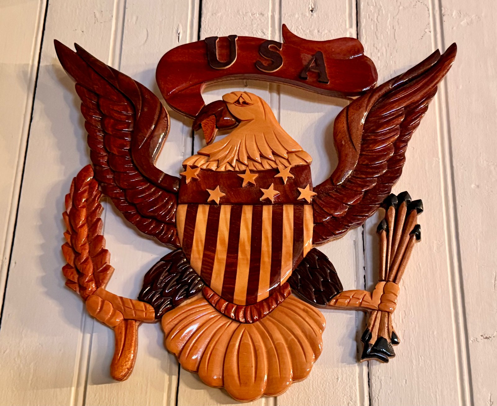 Intarsia-style hand-segmented wood wall plaque depicting the Great Seal of the United States (