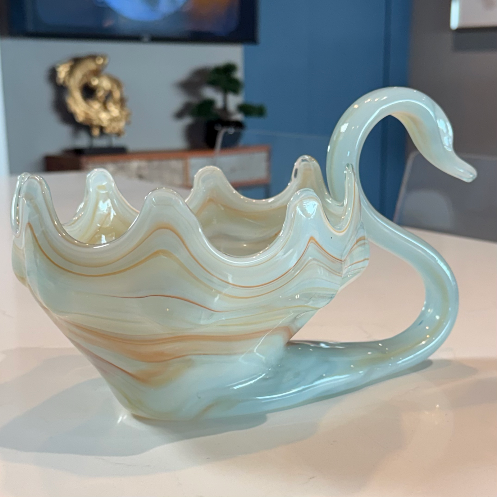 Vintage Hand Blown Art Glass Swan Bowl, Mid Century Sooner Slag Glass Dish, Blue Peach White Swirl Ruffled Crown Swan Centerpiece