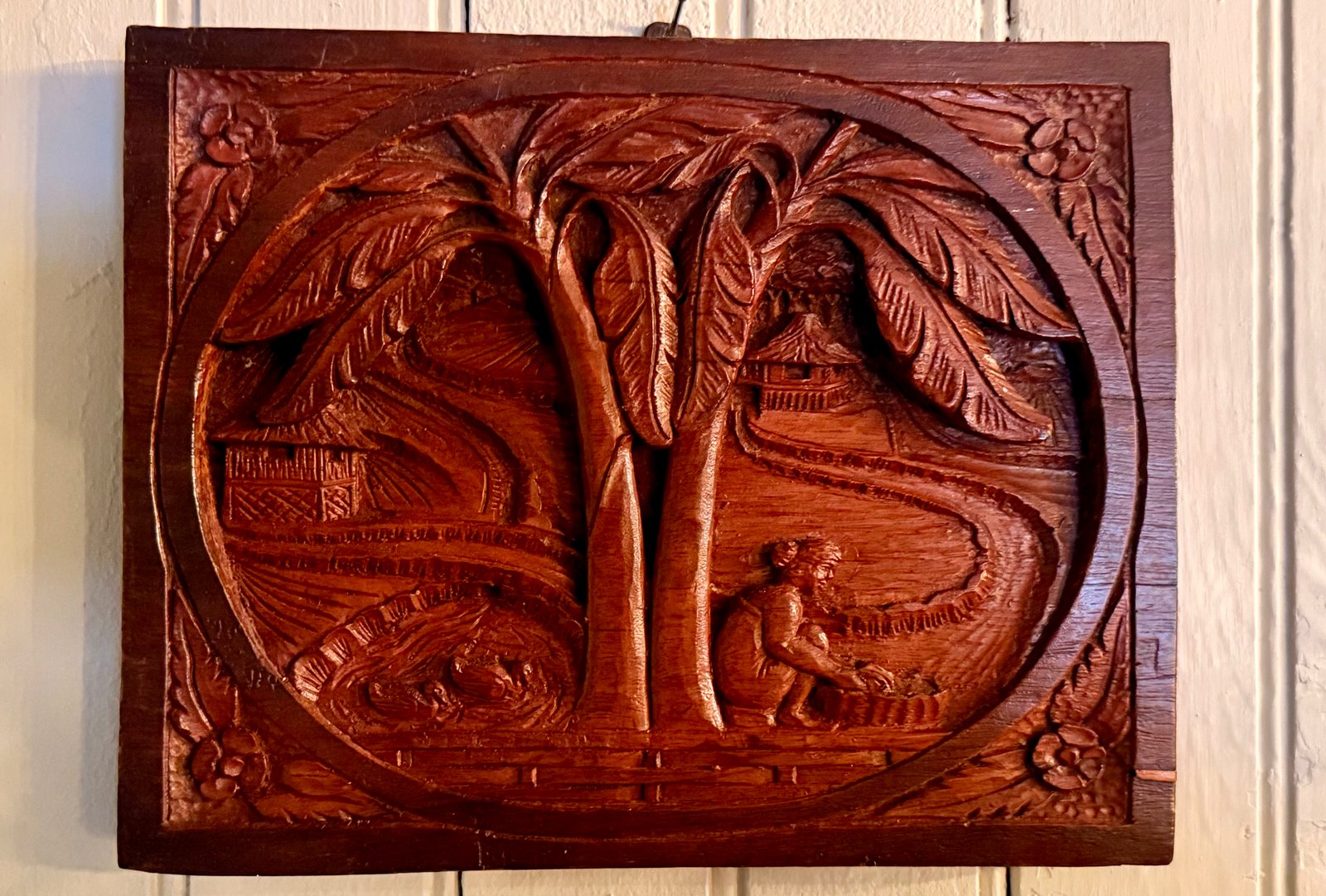 Vintage Filipino hand-carved wood relief plaque